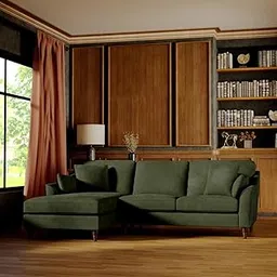 Modern L-Shaped Sectional Sofa, Dark Green Bucle Fabric, Cushioned Wooden Legs, Right Hand Side Chaise Couch, Sofa for Living Room, Bedroom, Hallway (Green RHS)-picture-10