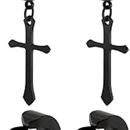 ccbfy Non-pierced Earrings Set for Men Women Cross Titanium Steel Hoop Dangle Clip On Earring-picture-38