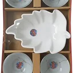 5-Piece Ceramic Serving Set with Leaf-Shaped Platter, 4 Small Bowls, White and Gray Dining Collection-picture-22
