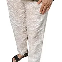 s4m Women's Cotton Chikankari Sequins Pants, Embroidered Border, High Rise, Regular Fit, Straight Cut, with 2 Pockets, Cream Colour-picture-36