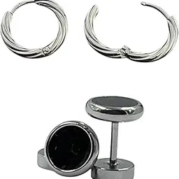 Silver Twisted Hoop Earrings and Black Onyx Cufflinks Set, Classic Round Design-image-14