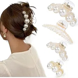 Kienlix 4 PCS Large Pearl Hair Claw Clips for Women Girls, Hair Barrette Clamps for Thick Thin Hair, Fashion Hair Accessories Headwear Styling Tools for Party Wedding (Design A)-picture-13