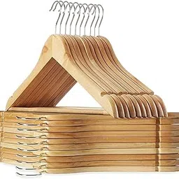 RYLAN Wooden Hanger for Clothes Hanging | Hangers for Wardrobe and Cupboard | Non-Slip Bar | Precisely Cut Notches | 360 Degree Swivel Chrome Hook | Hanging Garments and Accessories (Pack of 12) image 1