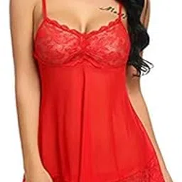 girly girl Nightwear | Babydoll Honeymoon Backless Lingerie Set for Women | Floral Lace Chemise with G-String Panty | Above Knee Innerwear | Net V Neck Sleepwear Dress in Black Colour.-picture-28