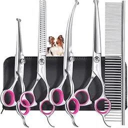 Qpets® Dog Grooming Kit 5 Pack, Stainless Steel Dog Trimmer Kit, Pet Grooming Scissors Set with Grooming Comb, Cutting Scissors Thinning Shear Curved Scissors, Grooming Hair for Small Large Dog Cat-picture-25