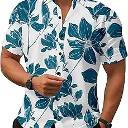 Men's Floral Print Short Sleeve Button-Down Shirt, Hawaiian Style, White and Teal, Cotton Blend Stratcheble Febric Shirt for Men-image-51