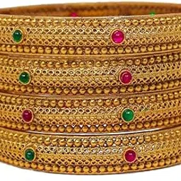 nagneshi art Traditional Filigree Gold Plated Multicolor Ruby Ethnic Bangle Set For Women (Set of 4) - 16105-picture-23