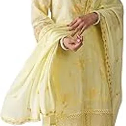 indo era Women's Embroidered Pure Cotton Kurta with Pant & Dupatta (Kh0Yl6082)-picture-37