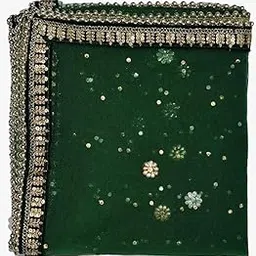 Bridal Embroidered net Dupatta Green - With Green Floral Border 4 Side Moti Lace-picture-37