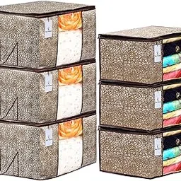 Kuber Industries Metallic Printed Non Woven 3 Pieces Saree Cover and 3 Pieces Underbed Storage Bag, Cloth Organizer for Storage, Blanket Cover Combo Set (Gold & Brown) -CTKTC038600-picture-27