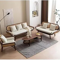 SOFALIZE - Rattan-Style Wooden Sofa with Cushions Natural Wood Finish. Modern Rattan Wood Cane Sofa and Armchair Set for Living Room Bedroom Office.-image-11