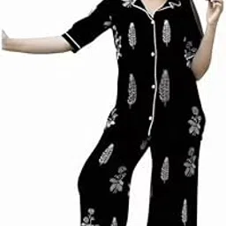 Kaarigarh Women’s Cotton Printed Night Suit Set | Soft & Breathable Half Sleeve Shirt & Pyjama Set | Comfortable Sleepwear for Girls & Ladies – Black Floral Loungewear-picture-41