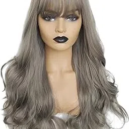 UJEAVETTE® Flat Bangs Wig 18" Long Straight Wavy Hair Synthetic Wigs Women Girls Grey-picture-44