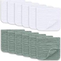 Ease Cubs Muslin Burp Cloths 12 Pack, White and Green-picture-53