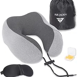 FUR JADEN Memory Foam Luxury Travel Neck Support Rest Pillow Eye Mask, Noise Isolating Ear Plugs Portable Combo (Grey)-picture-33