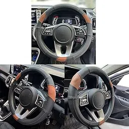 Oshotto SC-009-A Fiber Leather Car Steering Cover Compatible with Toyota Innova Crysta (Black Tan)-picture-34