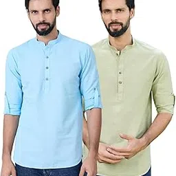 see designs Men's Roll-Up Sleeve Mandarin Collar Cotton Solid Short Kurta (Pack of 2) - Festive Collection | Dussehra & Diwali Collection image 1
