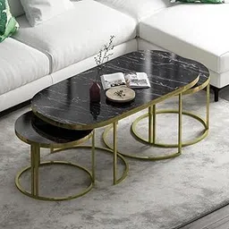 CROWN ART SHOPPEE Damp-Resistant Home Center Table, Nordic Oval Low Table with 2 Small Tables Thick Wooden Top for Apartment Living Room Sofa and Coffee Table (Black Gold)-image-12