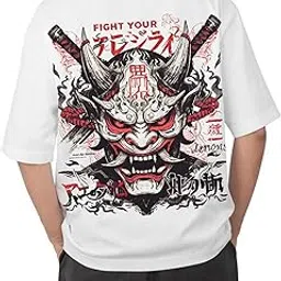 aroa Japanese Oni Mask T-Shirt Model : 028 Men Cotton Printed Oversized/dropshoulder/Round Neck White T Shirt-picture-17