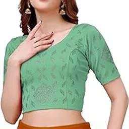 sumaira tex Women's Readymade Hosiery Lycra Stretchable Round Neck Half Sleeve Blouse with swaroski Work Fancy Lycra Stretchable Blouse for Women Readymade Saree Blouse-picture-22