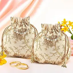 Urbane Home Pack of 2 Potli Bags for Ladies & Girls | Women Shagun Pouches for Festive Seasons | Embroidery Batwa Bag Bridal Purse -Cream-picture-14