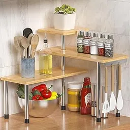 Abja Novelties Kitchen Counter Top Organizer, Shelf Rack for Kitchen Storage, Wooden Corner Shelf, 3 Tier Spice, Oil Stand, Tabletop Adjustable Rack for Makeup, Office (Golden Brown, 3 Tier)-image-53