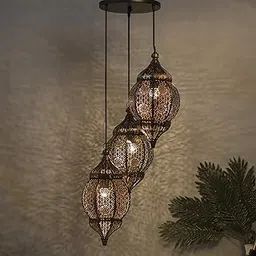 Homesake®3-Lights Round Cluster Chandelier Ceiling Antique Copper Classic Moroccan Orb Hanging Pendant Light with Braided Cord, Urban Retro, Nordic Style, LED/Filament Bulb-picture-36