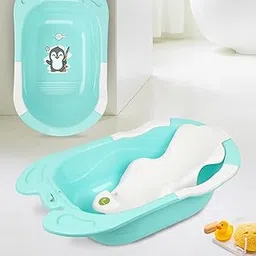 R for Rabbit Bubble Double Snowy Baby Bath Tub, Ergonomic Sling Support, Easy Drainage, Safe & Smooth Edges 0-3 Years Kids Girls & Boys Bather Bathtub for Shower Weight Capacity 15Kgs (Green White) image 1