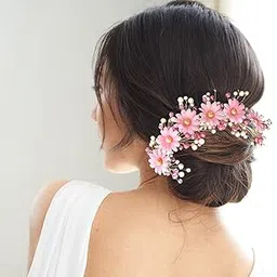 Hair Flare Artificial Round Shape Flowers with White and Pink Pearls Bridal Hair Vein/Juda Pin/Hair Pin Accessories for Women- 2439, Baby Pink, Pack of 1-picture-18