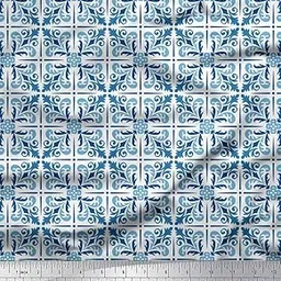 Soimoi White Cotton Canvas Fabric Tiles Moroccan Print Fabric by Meter 42 Inch Wide-picture-30