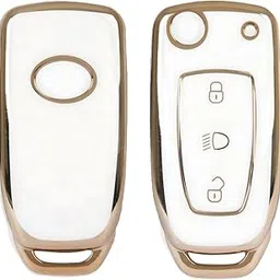 AUTOFRILL TPU Car Key Cover for Tata Nexon | Altroz | Tiago | Punch | Harrier | Safari | Tigor | Hexa | Zest | Bolt 3 Button Flip Key Cover (White-Gold) image 1