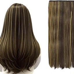 D-DIVINE Synthetic Hair Highlight Halo Extensions 5 Clips Based 24 inch Straight for Women and Girls Golden Highlight (Multicolor) 1Pcs-picture-49
