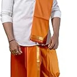 kalapuri � Stitched Ready to Wear Free Size Men's Art Silk Red Dhoti and Angavastram Set with Golden Jari Border for traditional functions-picture-22