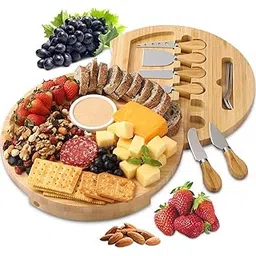 IKTU Cheese Board and Knife Set, Bamboo Round Charcuterie Boards Swivel Meat Platter Personalized Tray with 6 Knives for Housewarming Christmas Thanksgiving Party Birthday Wedding Gifts-picture-13