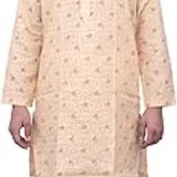 Traditional Cotton Kurta Pajama Set for Men, Cream Floral Print, Mandarin Collar, White Bottoms-picture-44