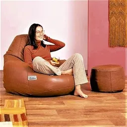 LEXAVI Brand® - XXXXXXL Jumbo Bean Bag Chair with Footrest Premium Imported Soft Faux Leather, Extra Comfortable and Big Size to Other Bean Bags Without Beans (Cover Only) I Color- (6XL-Dark-Tan)-image-2