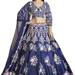 Women's Navy Blue Panel Style Raw Silk Sangeet Lehenga-picture-26
