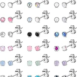 someitia 18Pairs 20G Titanium Steel Stud Earrings Set for Women Men Moonstone Turquoise CZ Stud Earrings Cartilage Heilx Tragus Stud Earrings Hypoallergenic Flat Back Stud Earring 3MM 4MM 5MM-picture-35