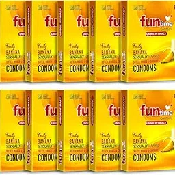 Funtime Flavoured Condoms Combo Pack of 10 (3Pcs Each) | Dotted, Ribbed And Contoured Long Lasting Condoms for Men | Banana Flavour (Total 30pcs)-image-55