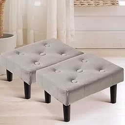 Set of 2 Small Velvet Soft Foot Rest Ottoman with Wood Legs, Extra Seating Sofa Footrest for Living Room Entryway-Grey-picture-33