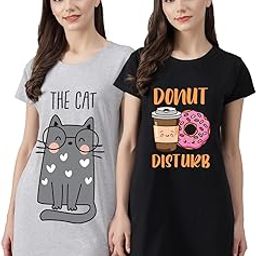 fflirtygo Women’s Cotton Nighty | Printed Knee Length Night Gown |Relaxed Fit Nightwear |Short Nightdress| Long T-Shirt | Sleepwear & Casual Wear Nighty (Pack of 2)-picture-1