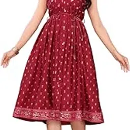 rangita Women Maroon Viscose Poly Printed Flared Calf Length Dress-picture-56