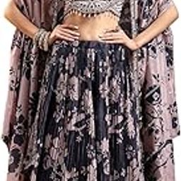 stylum Women's Navy Floral Printed & Embroidered Chinon Lehenga Choli With Shurg-picture-9