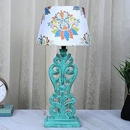 tu casa Mangowood Aqua French Table Lamp for Home Decoration, Bedroom, Living Room, Lounge, Office, Festival Gifting, Study Table (English Oak Print with Satin Shade) H - 21" / No Blub-picture-60
