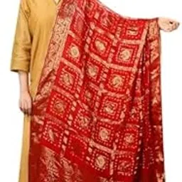 pk hub Women's Silk Gharchola Jaipuri Bhandej With Lotus Zari Work Red Fancy Dupatta-picture-34