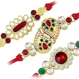 sukkhi rakhi Sukkhi Glorious Gold Plated Kundan Rakhi Combo (Set of 3 Rakhi's) with Roli Chawal and Raksha Bandhan Greeting Card For Men (CB73452)-picture-41