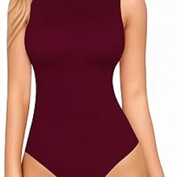 mangopop Women's Mock Turtle Neck Sleeveless Tank Tops/Long Sleeve Bodysuit Jumpsuit (A1 Burgundy (Modal), X-Large)-picture-51