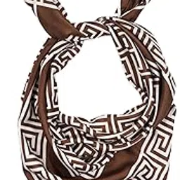 Luxury Silk Satin Square Scarf for Women – Brown & White Geometric Greek Key Pattern – Versatile Neck, Head, or Handbag Accessory-image-12