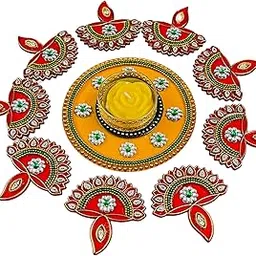 Krisah Acrylic Rangoli with T Light Holder Multicolour Handicraft Jewel Stone Decorations (Small) (Yellow)-picture-12