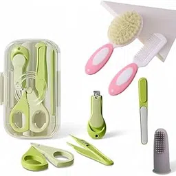 CRADLEVE 7In1 Baby Grooming Set for New Born Baby, Includes, Nail Clipper Set (Baby Nail Scissor, Baby Nail Cutter, Tweezers, Nail Filer), Finger Tooth Brush, Hair Brush and Comb Set for New-born, Infants, Toddlers, 0m+ (7in1 - Pink Hair Brush Set/ Green Nail Clipper Set/Tongue Brush)-picture-15